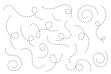 Path travel dotted line trip dashed trace destination track plan travelling symbol vector. Hand drawn dotted lines path on white background. Navigation apps, GPS, tourism guides, delivery tracking.