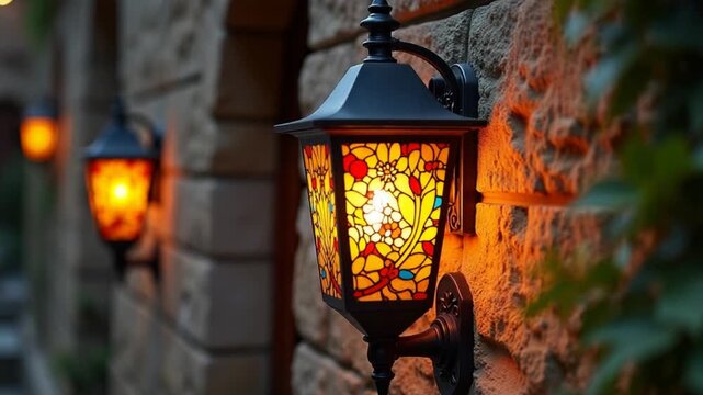 stained-glass wall lamp on a stone wall