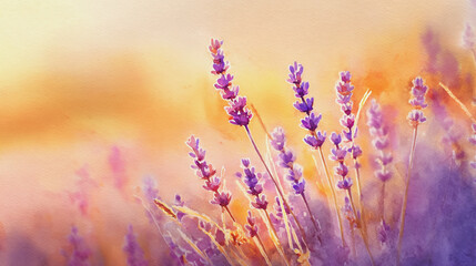 Elegant wedding invitation card background watercolor pictures Natural little a Lavender flower field in a lifestyle style expressing wonder with pastel floral shades and golden lighting harmony