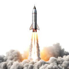 The sleek metallic rocket blasts off from the ground, generating a massive plume of fiery orange exhaust and billowing white.