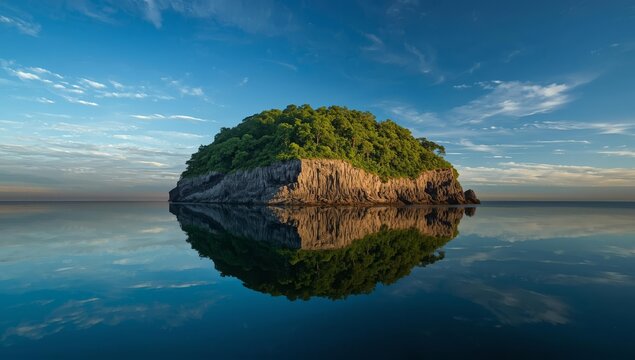 A lone tropical island with striking rocks stands in the turquoise ocean under a vast blue sky