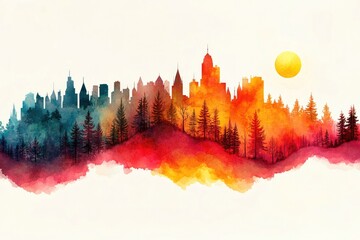 Watercolor skyline with trees, sun, painted in vibrant colors. Use as abstract background, wallpaper, and design element.