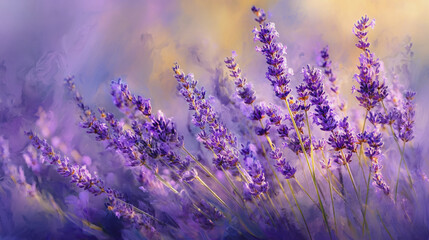 Naklejka premium Elegant wedding invitation card background watercolor pictures Natural little a Lavender flower field in a lifestyle style expressing wonder with pastel floral shades and golden lighting harmony