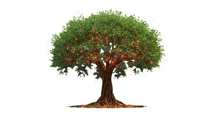Whispering secrets a majestic tree adorned with firefly lights embodies growth and hope set against stark black