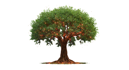 Whispering secrets a majestic tree adorned with firefly lights embodies growth and hope set against stark black