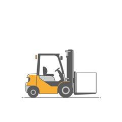 Naklejka premium Yellow Forklift Carrying a Large Package on White Background
