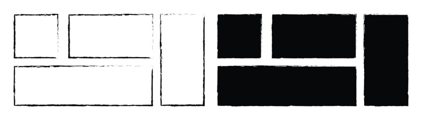 Set of grunge square template. Vector black painted squares or rectangular shapes. Hand drawn brush strokes isolated on white