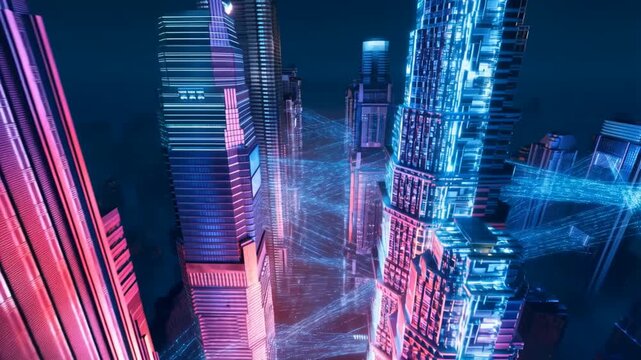 Aerial drone view of a futuristic megacity glowing with neon lights and data streams, cinematic cyber-tech atmosphere.