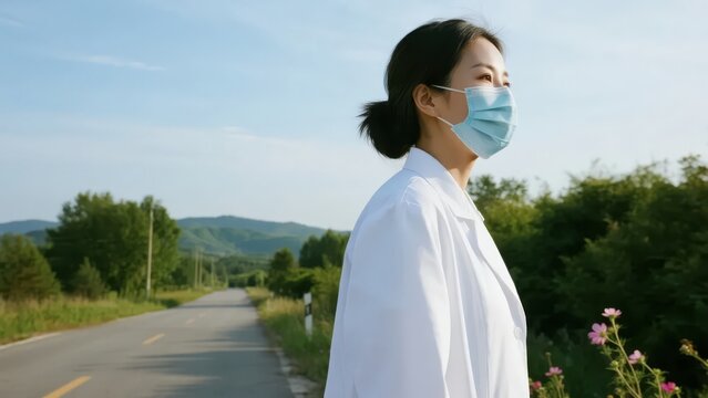 Person wearing a face mask stands by a rural road, gazing into the distance under a clear sky.