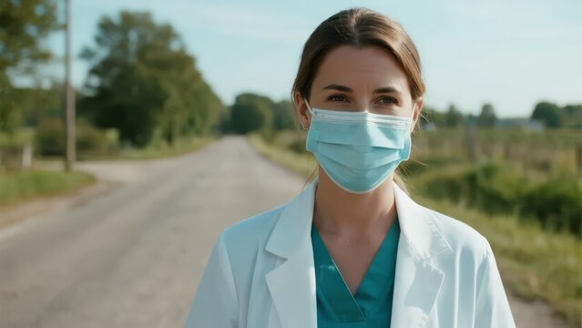 Healthcare professional wearing a face mask stands on a rural road.