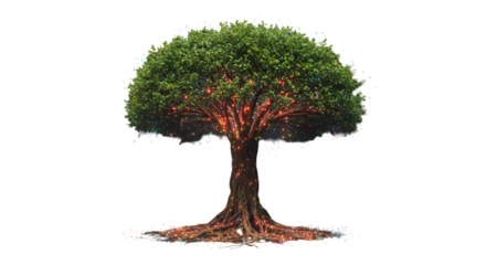 A magical tree pulsating with life its roots aglow like a hidden network of light amidst the darkness with a detailed