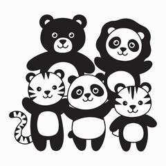 Cute Baby Animal Cartoon Vector Set, Panda, Bear, Tiger, Cat, Fox Silhouette Clipart for Kids and Nursery Design