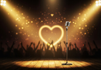 Advertising for charity concert with microphone on stage and audience