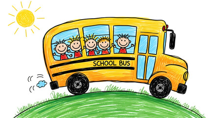 Child Drawing Happy Kids Riding in Yellow School Bus with Sun Cut Out PNG.