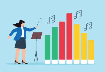 Harmonizing business strategies, orchestrating market growth, data-driven performance, strategic concept vector illustration. Analyst conducting orchestra of bar graphs © Premium Shop