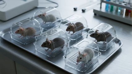 Laboratory mice in transparent containers on a metal tray