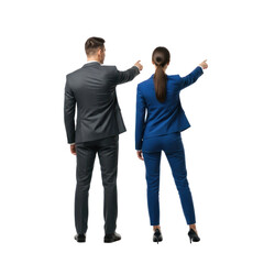 Two business professionals standing and pointing towards a digital screen.