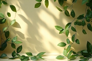 Fresh green leaves frame a warm yellow wall with soft sunlight shadows. Use for natural product presentation, invitations, or wellness publications.