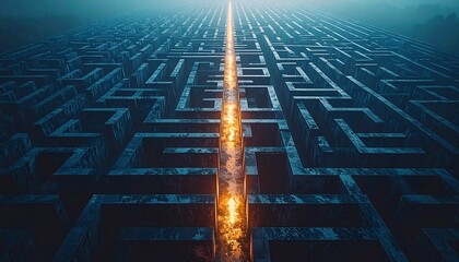 Illuminated golden path cutting through a vast, dark, intricate maze, symbolizing guidance, solution, challenge, and strategy for success.
