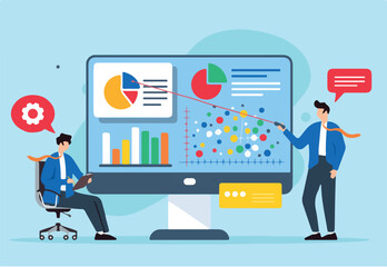 Flat illustration of two men analyzing graphs to develop problem-solving strategies on computer screen