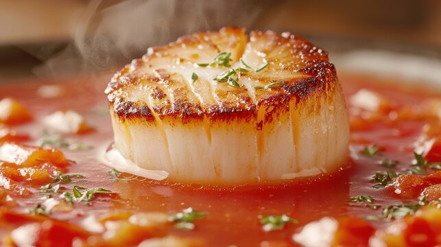 Heirloom tomato ruby consommГ© with caramelized seared scallop in crystal bowl, translucent red broth, floating herb particles, fine dining appetizer, restaurant quality presentation