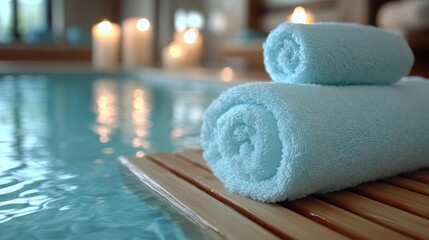 Rolled light blue towels on a wooden slat, beside a pool and candles. Use this image to convey spa, wellness, relaxation, or hotel experience.