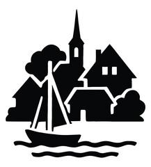 Silhouette of a village scene with a sailboat on water and a church Keywords: village, town, silhouette, black