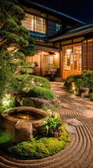 Obraz premium A tranquil Japanese garden at night, illuminated by warm lighting, showcasing a zen-like rock garden with meticulously arranged pathways and a stone water basin.