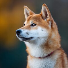 A handsome Shiba Inu dog looking attentively, with its head in profile. The dog has a rich, red-brown coat and alert eyes