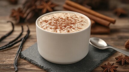 Traditional vanilla atole in white ceramic cup with cinnamon dusting served on slate board with silver spoon
