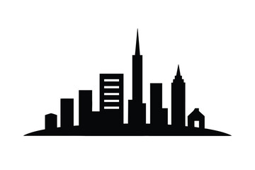 Naklejka premium Black silhouette of a city skyline with diverse buildings and a pointed spire urban