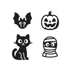 Halloween cartoon vector – bat, pumpkin, cat, and mummy icons in black and white.