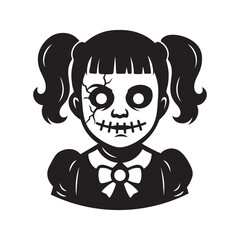 creepy porcelain doll vector – haunted horror character with cracked face and stitched smile on white  background.