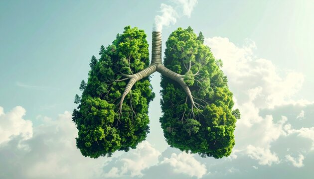 Green lungs shaped like trees with smoke, symbolizing environmental pollution, clean air, climate change, and human health impact