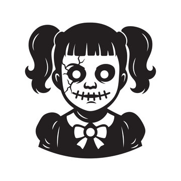 creepy porcelain doll vector &ndash; haunted horror character with cracked face and stitched smile on white  background.