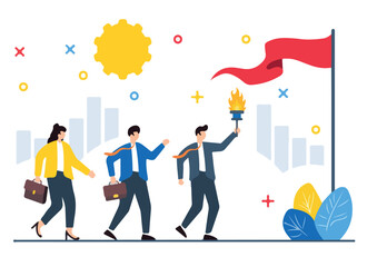 Flat illustration of person holding torch leading team to corporate victory flag
