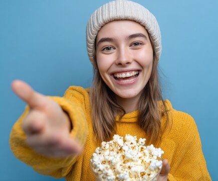 A young woman with a happy expression holds popcorn and extends her hand in a welcoming gesture against a vibrant blue backdrop.