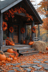 Obraz premium Pumpkins and hay bales around small cabin.