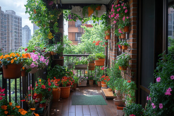 Potted flowers blooming on a balcony.