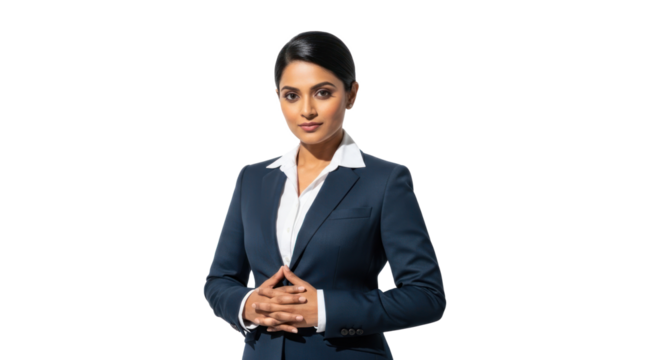 A confident businesswoman in a professional suit standing against a white background.