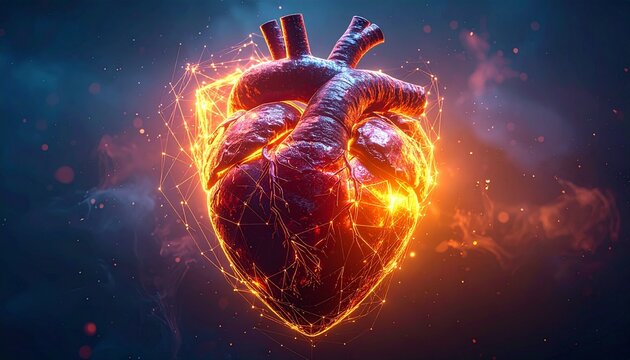 Digital human heart glowing with vibrant energy, futuristic AI technology, medical innovation and scientific research concept.
