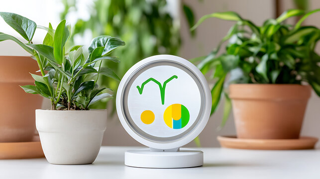 Circular device with abstract symbols displayed among potted plants