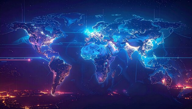 Futuristic Digital World Map with Glowing City Lights, Global Network Connectivity, Technology and Data Flow Concept