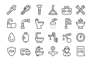Plumbing tools and fixtures icon set