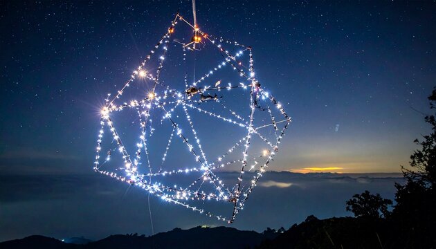 Intricate glowing geometric structure, a futuristic light sculpture suspended under a vast starry night sky, abstract technology concept.