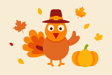 Cute cartoon turkey wearing pilgrim hat with pumpkin and autumn leaves