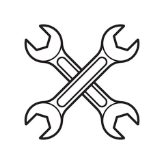 Fototapeta premium Black line art icon of two crossed open-end wrenches, a simple vector graphic symbolizing repair, maintenance, and mechanical services for industry.