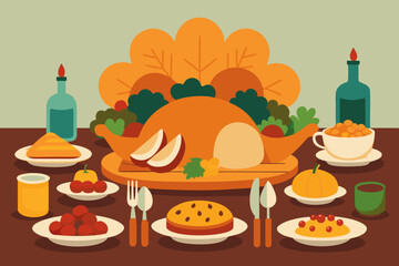 A festive thanksgiving feast with roasted turkey and side dishes