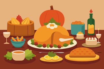 A festive thanksgiving dinner spread with a roasted turkey and pumpkin