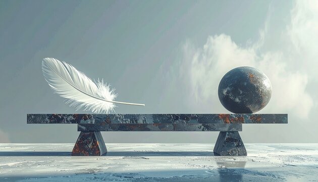Conceptual balance: light feather and heavy stone sphere perfectly equal on a seesaw, symbolizing equilibrium, fairness, and contrasting weights.